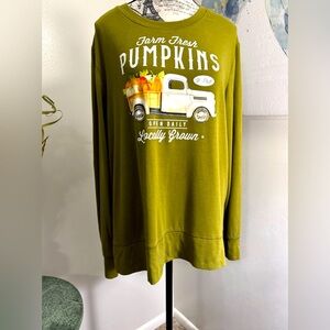 PositiviTees Olive Green Cozy "Farm Fresh Pumpkins" long sleeve Tee size XL